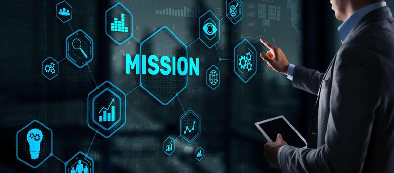 businessman clicks on virtual screen mission photo